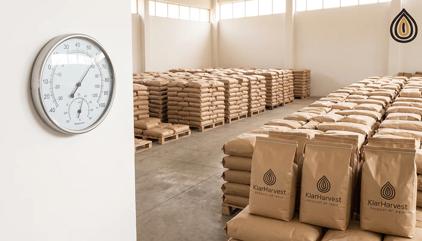 Sealed kraft bags of onion on pallets in a dry warehouse with a wall-mounted humidity and temperature gauge