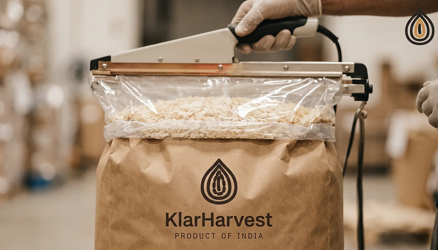Close-up of a polyethylene liner being heat-sealed inside a kraft bag of dehydrated onion flakes