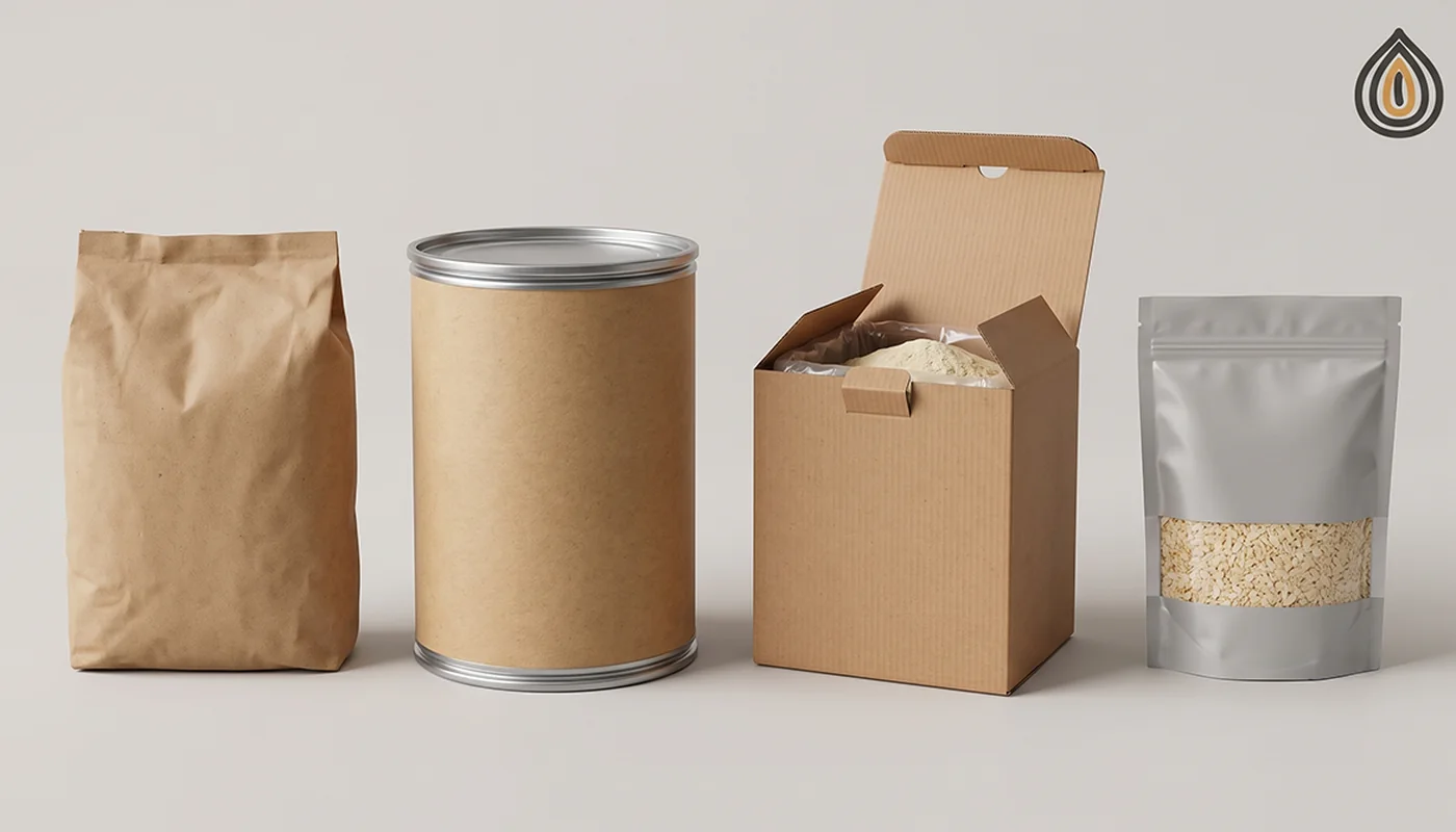 Four packaging formats side by side: kraft bag, fibre drum, lined carton and a foodservice pouch of onion granules