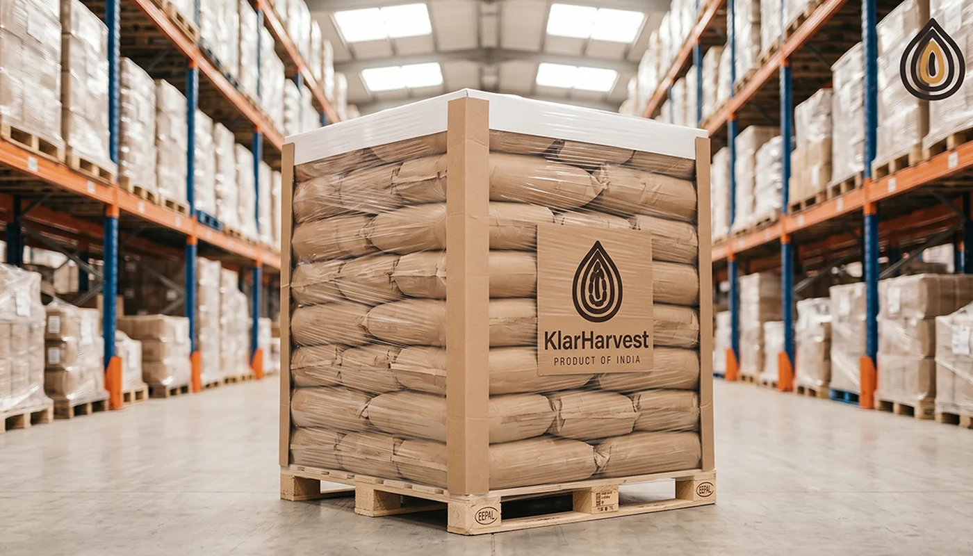 Stretch-wrapped Europallet of kraft bags with corner boards and a top sheet in a warehouse aisle