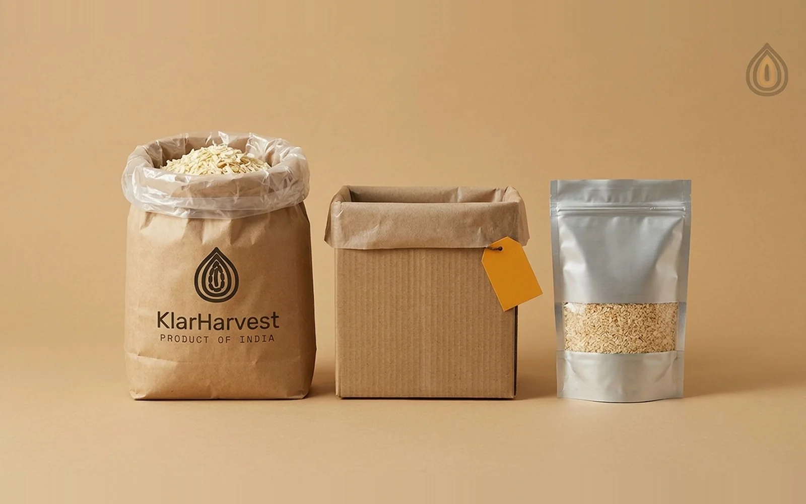 Kraft sack with liner, a lined carton and a silver pouch of dehydrated onion in a row on a plain backdrop