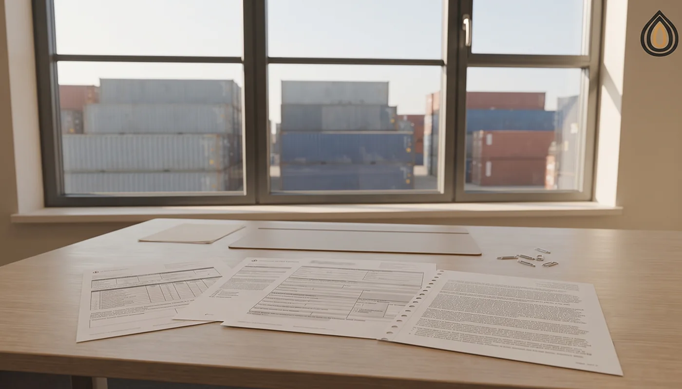 Shipping documents fanned out on a desk with a container yard in soft focus through the window
