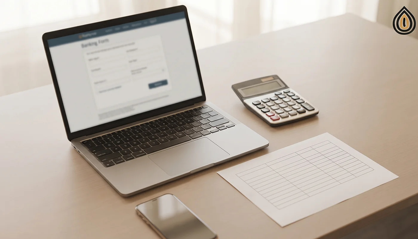 Laptop with a blurred online banking screen, a calculator and a printed proforma invoice on a desk