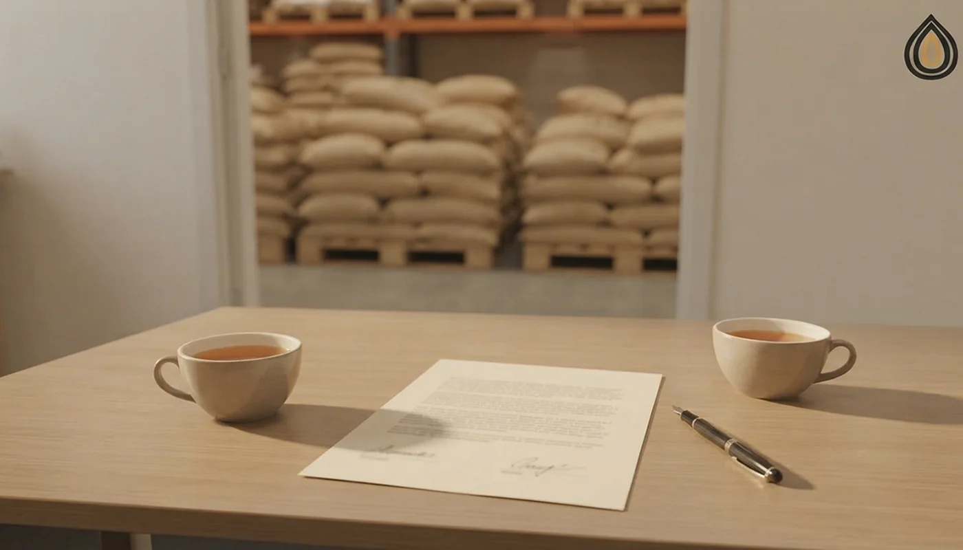 Two coffee cups and a signed contract on a table in a plant office with sacks of dehydrated onion visible through the doorway
