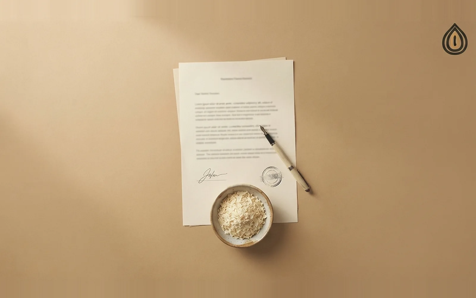 Signed proforma invoice with a pen and a stamp beside a small bowl of dehydrated onion flakes on a wooden desk