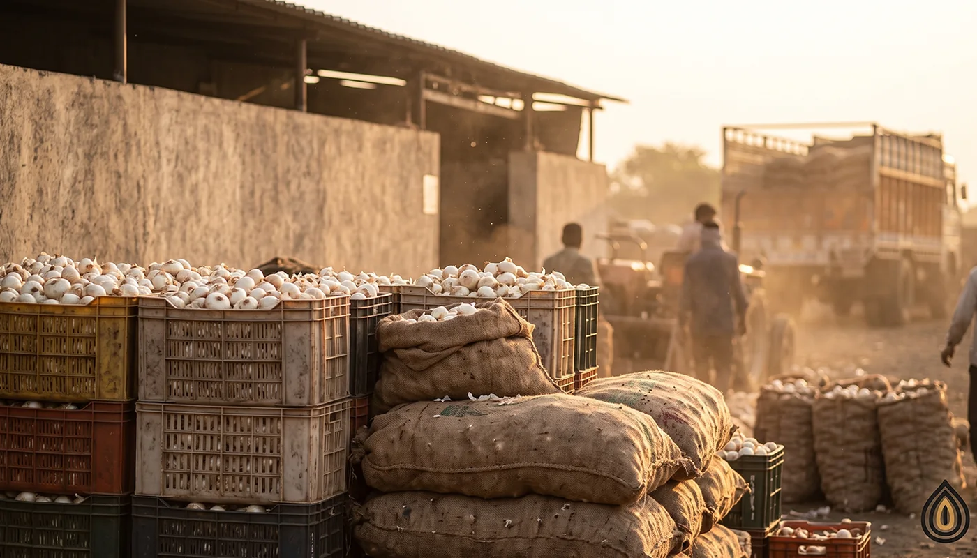 Crates of freshly harvested white onions stacked at a dehydration plant gate in Gujarat under morning light