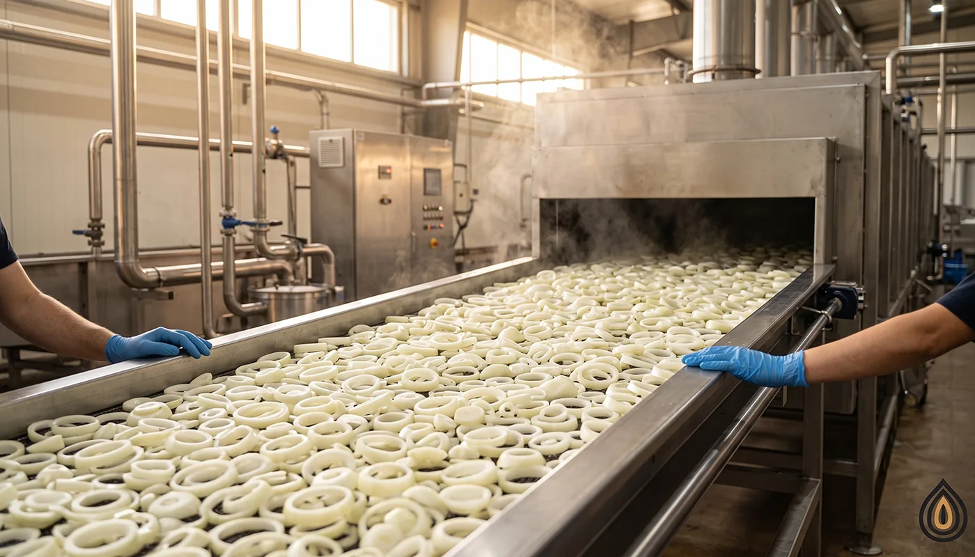 Sliced white onion rings spread on a belt dryer inside a dehydration plant, warm light and steam