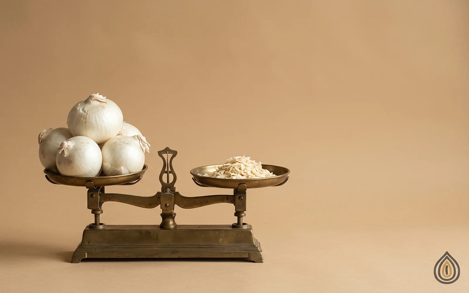 Brass weighing scale with fresh white onions on one pan and a small heap of dehydrated onion flakes on the other