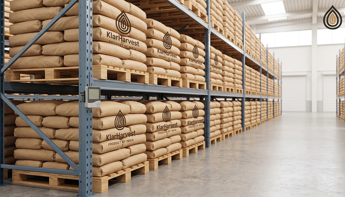 Wide view of a dry-goods warehouse with onion pallets racked off the floor and a thermo-hygrometer on a post