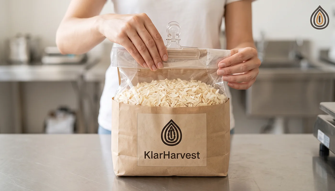 Hands folding and clipping the polyethylene liner of an opened kraft bag of onion flakes