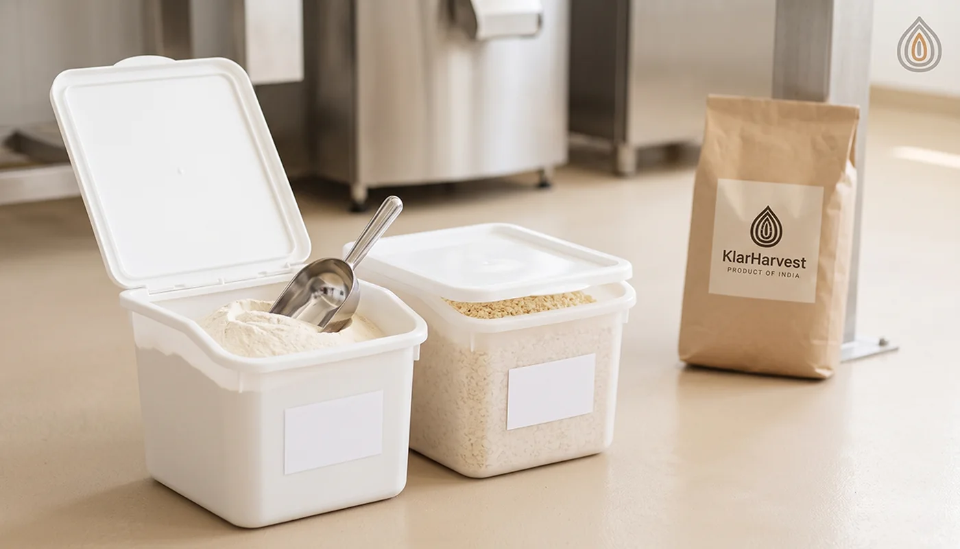 Lidded food-grade bins with scoops holding onion powder and granules on a clean production floor