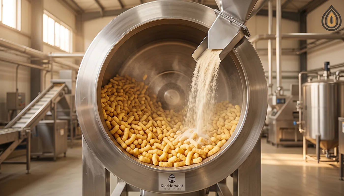 Seasoning drum on a snack line tumbling corn snacks with a fine cream-coloured seasoning being dosed in