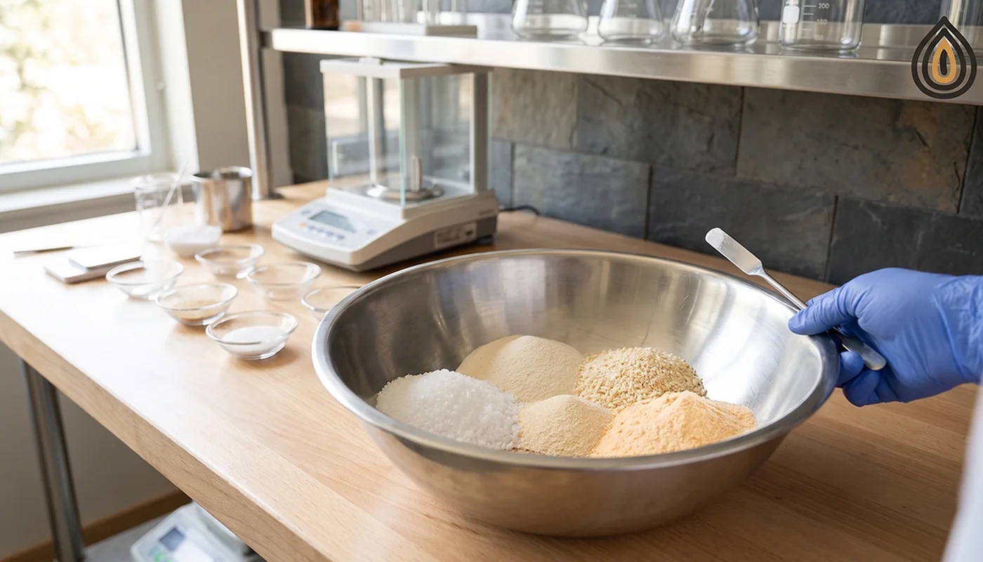Laboratory blender bowl with salt, onion powder, onion granules and cheese powder being combined for a seasoning trial