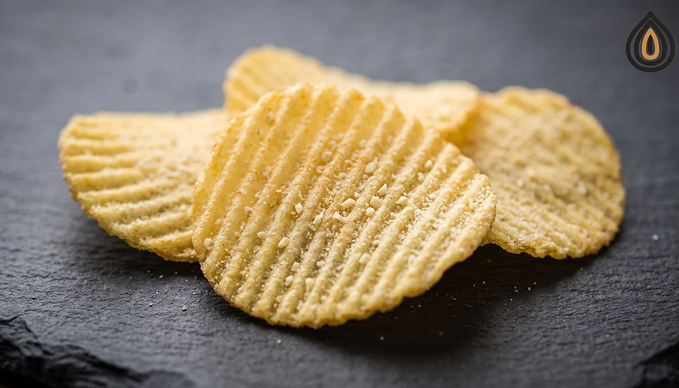 Close-up of cheese and onion crisps showing even seasoning coverage with visible flecks of onion