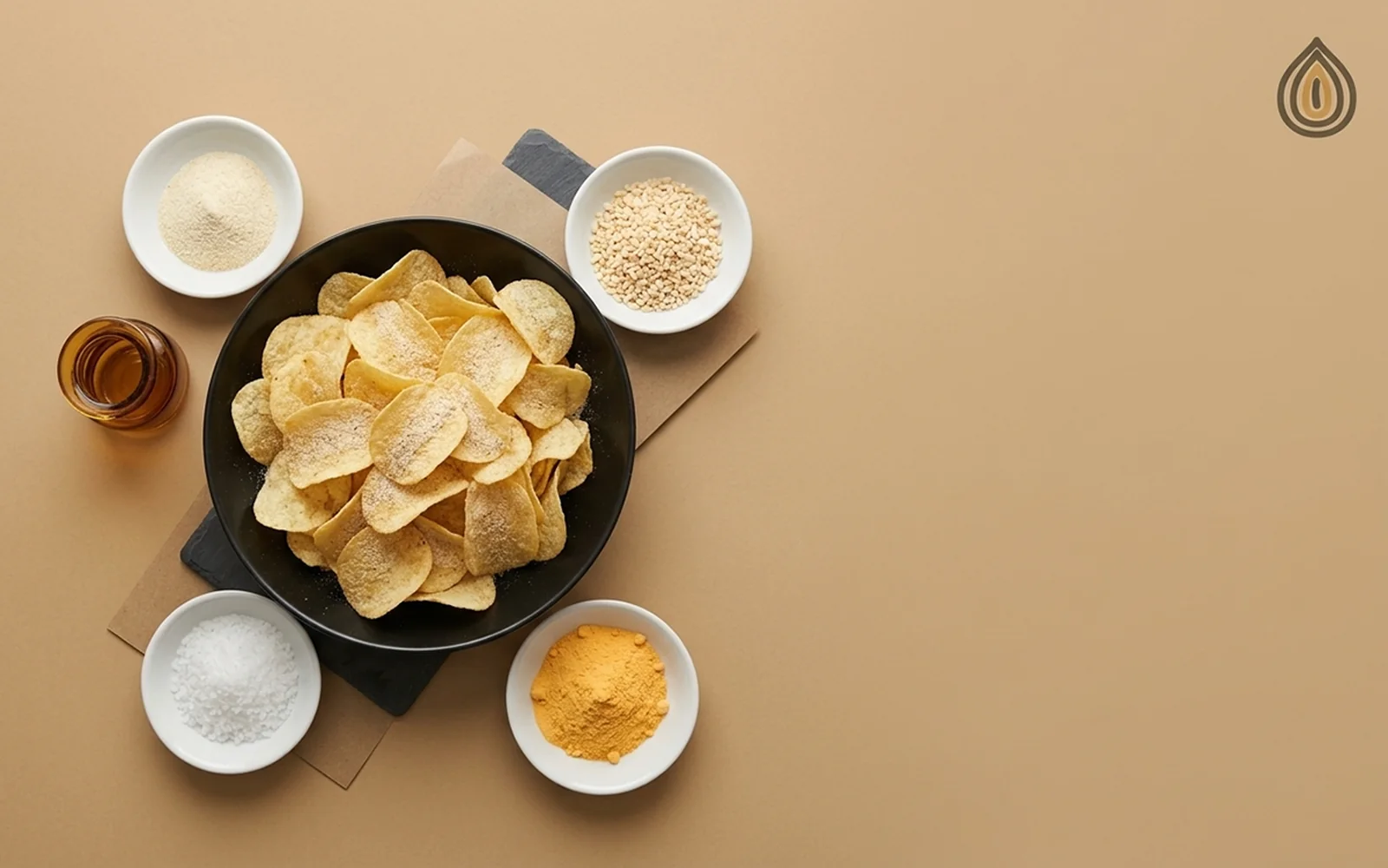 Bowl of seasoned potato crisps next to small dishes of onion powder, onion granules, salt and cheese powder