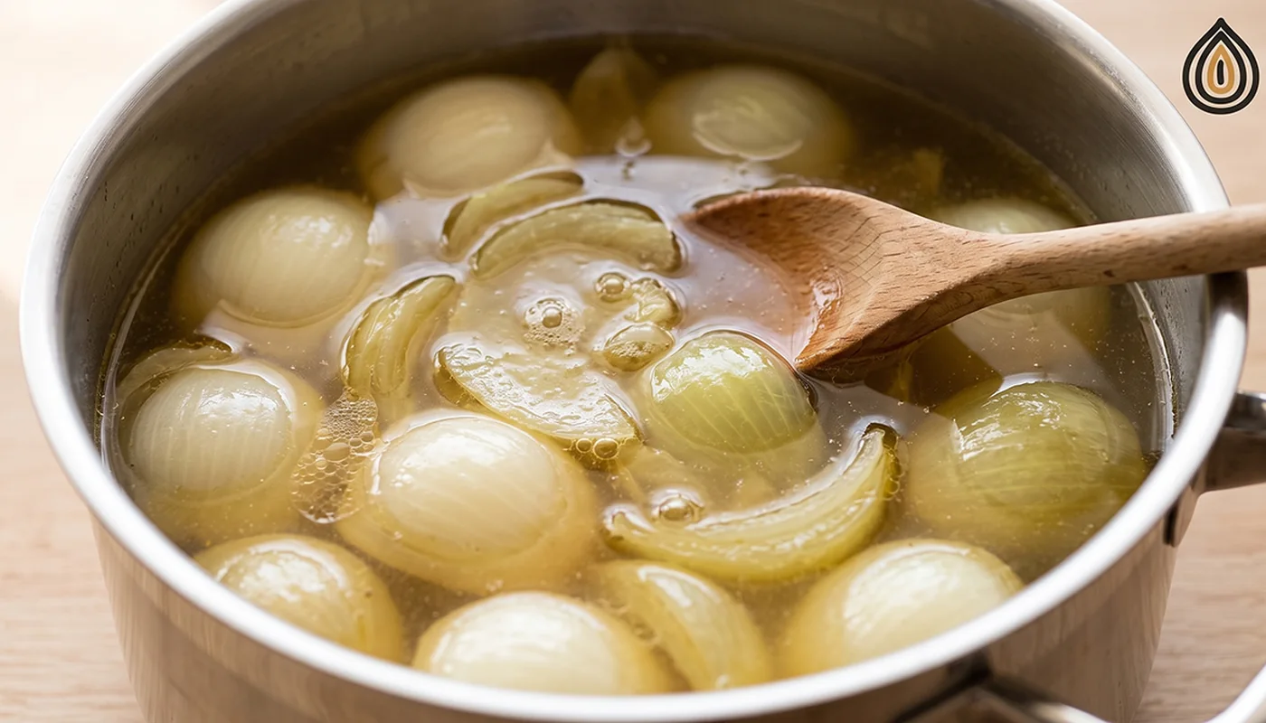 Close-up of dehydrated onion pieces rehydrating in a pot of clear hot broth, some still floating, some softened