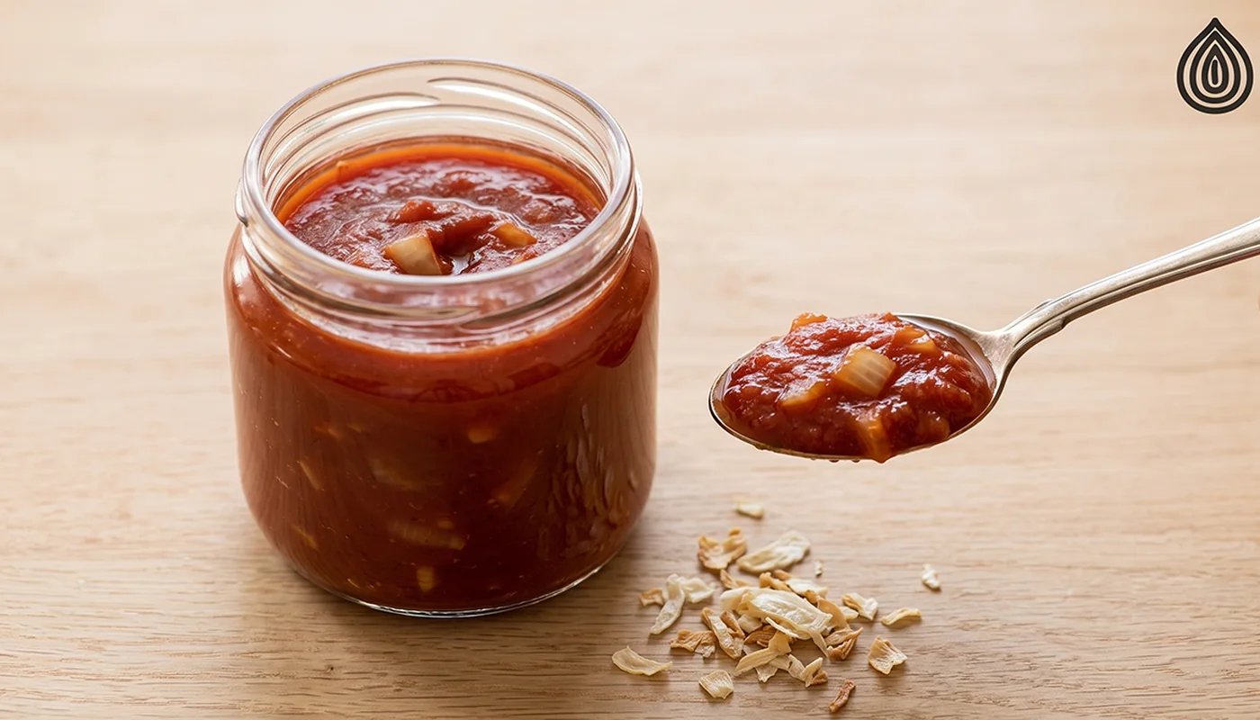 Glass jar of tomato cooking sauce with visible pieces of chopped onion, a spoonful lifted beside it