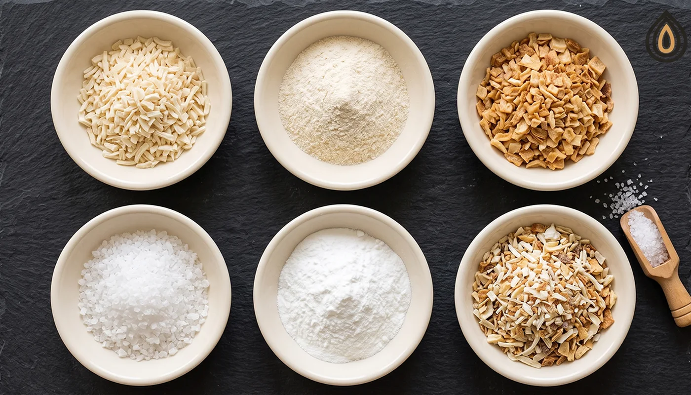 Dry onion soup mix ingredients laid out in small dishes: minced onion, onion powder, toasted onion, salt and starch