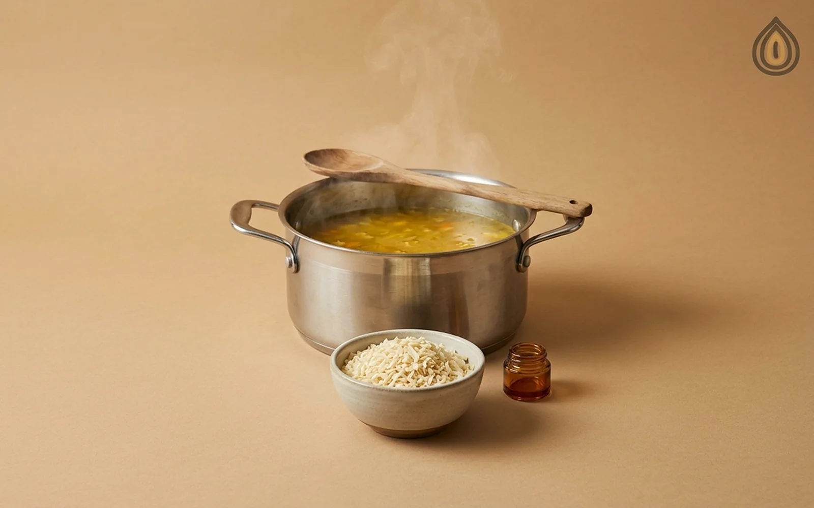Small bowl of dehydrated minced onion beside a steaming pot of vegetable soup on a wooden kitchen counter