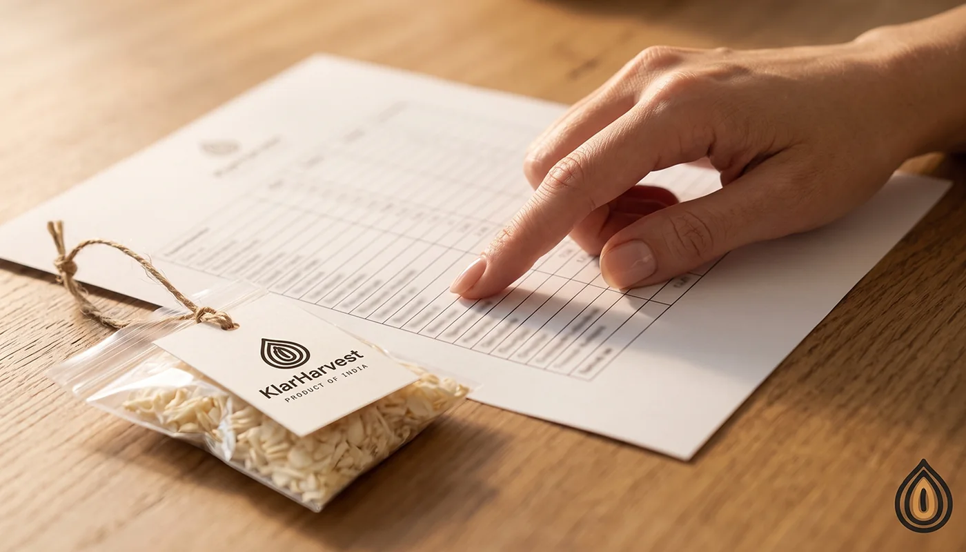 Close-up of a specification table on paper with a hand pointing at a row, onion flakes in a sample bag beside it