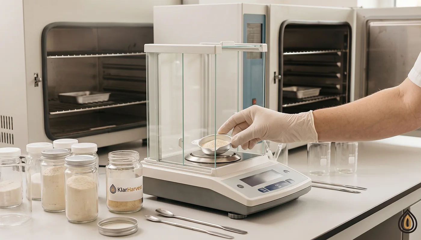 Laboratory analyst weighing a sample of onion powder on a precision balance next to a drying oven