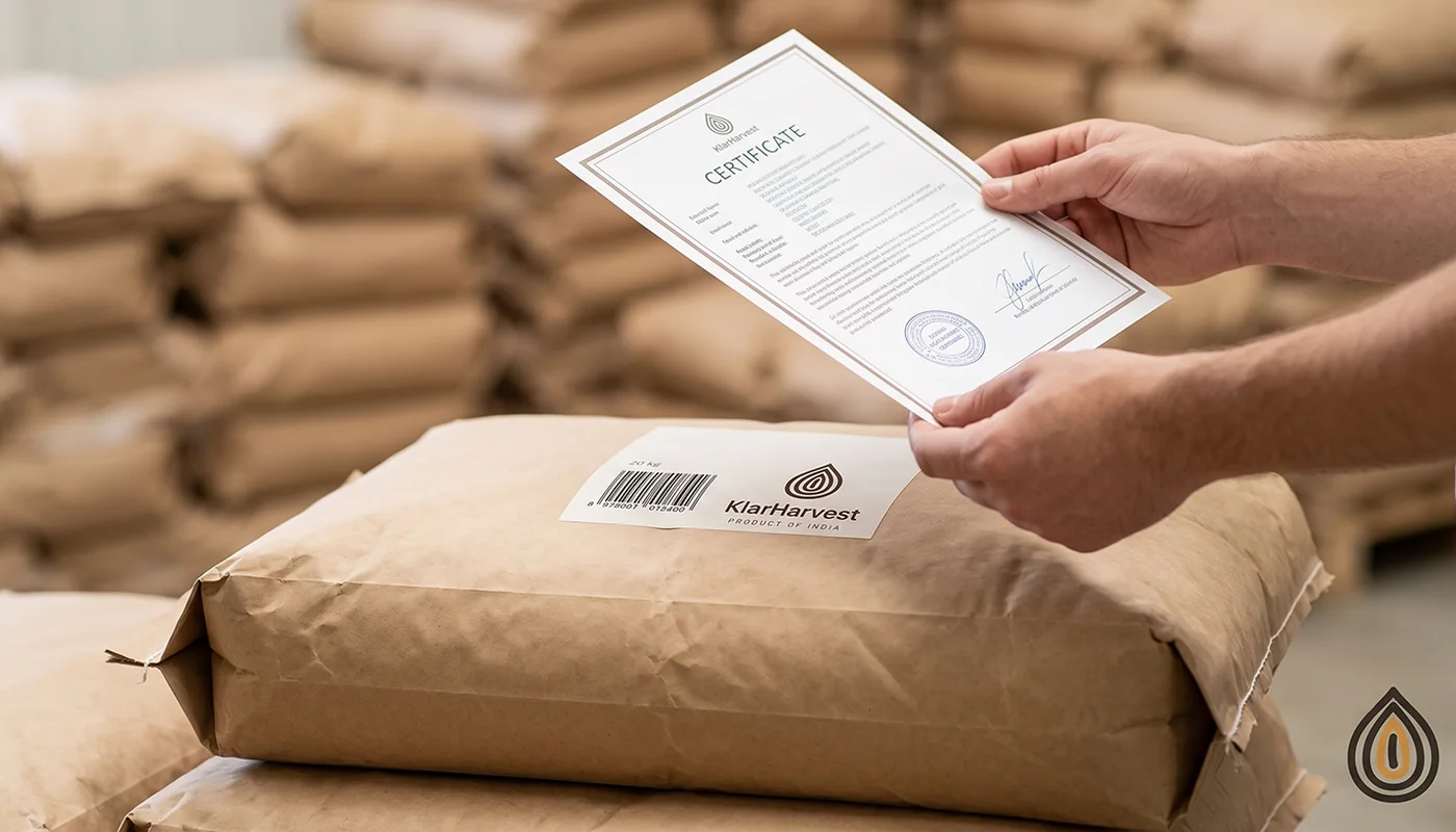 Stamped certificate of analysis with a lot number and measured values, held over a sealed bag of onion flakes