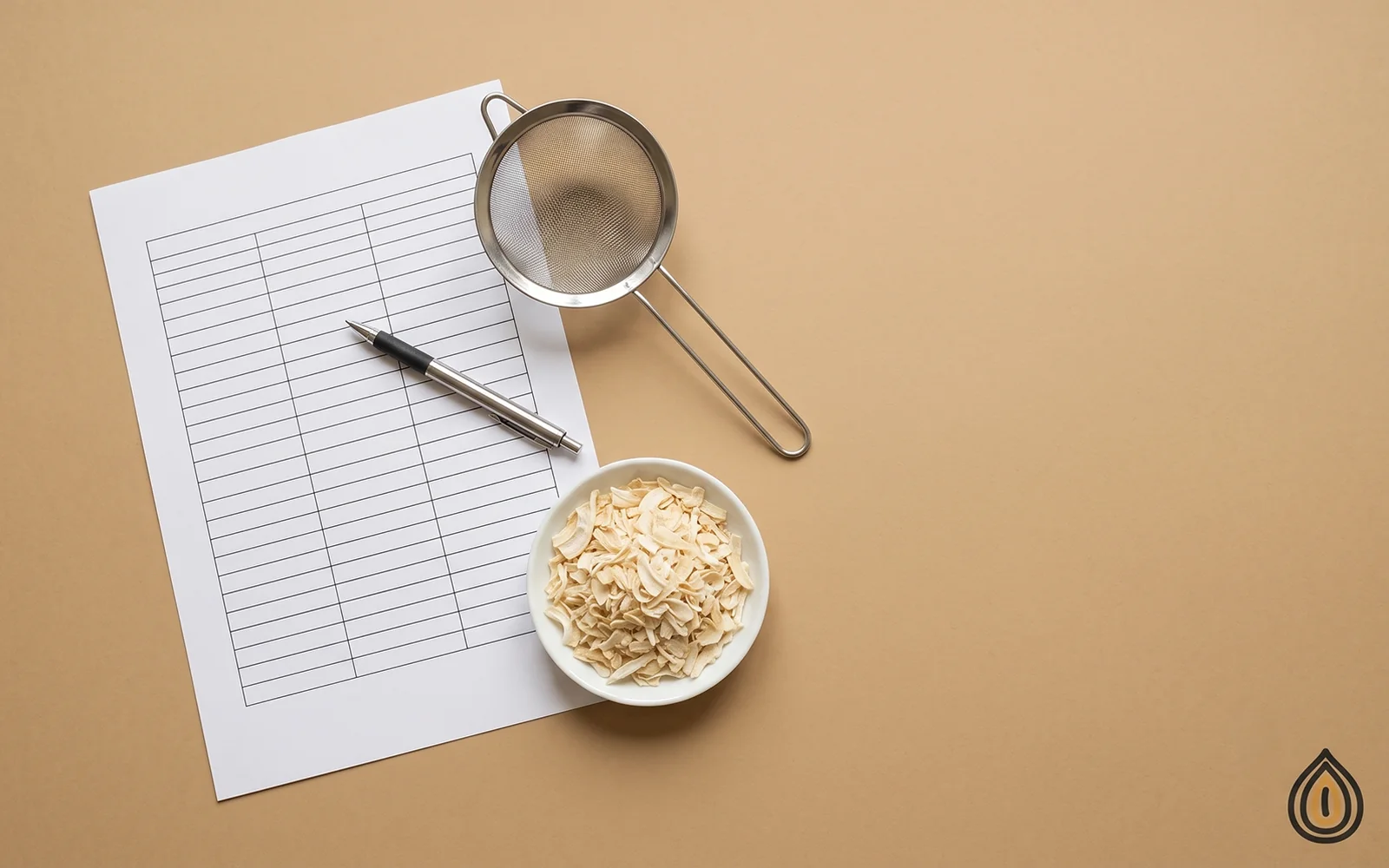 Printed specification sheet with a pen, a sieve and a dish of dehydrated onion flakes on a lab worktop