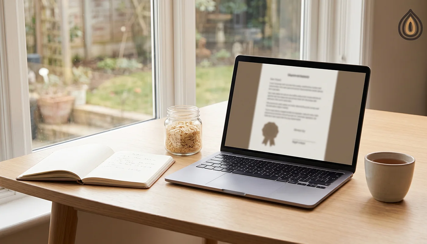 Laptop on a desk showing a blurred certificate document beside a sample jar of onion flakes and a notebook