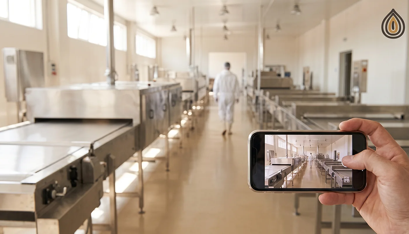 Smartphone held up filming a clean dehydration plant hall with stainless steel dryer lines in the background
