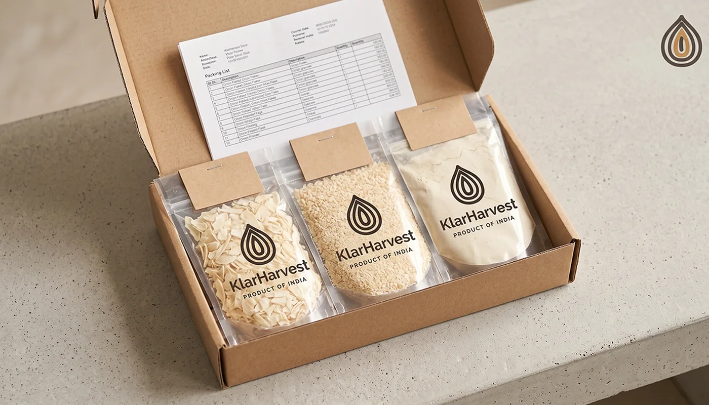 Courier box opened on a bench with three sealed sample bags of dehydrated onion and a folded lab report on top