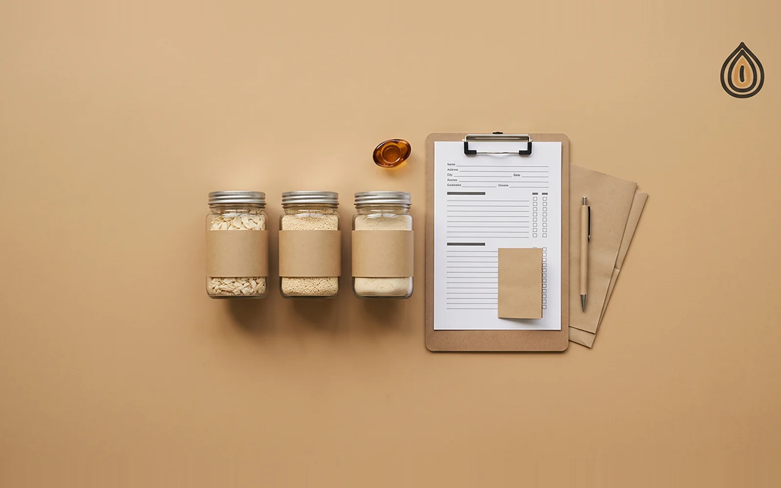 Supplier evaluation desk with three labelled sample jars of dehydrated onion, a printed checklist and a pen
