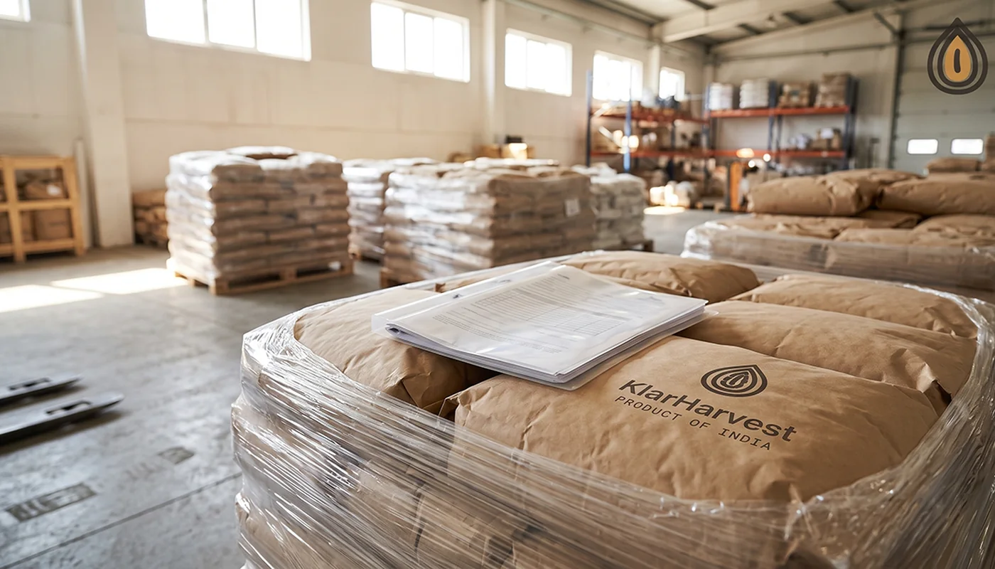 Shipping documents in a clear folder resting on a pallet of kraft bags inside a warehouse