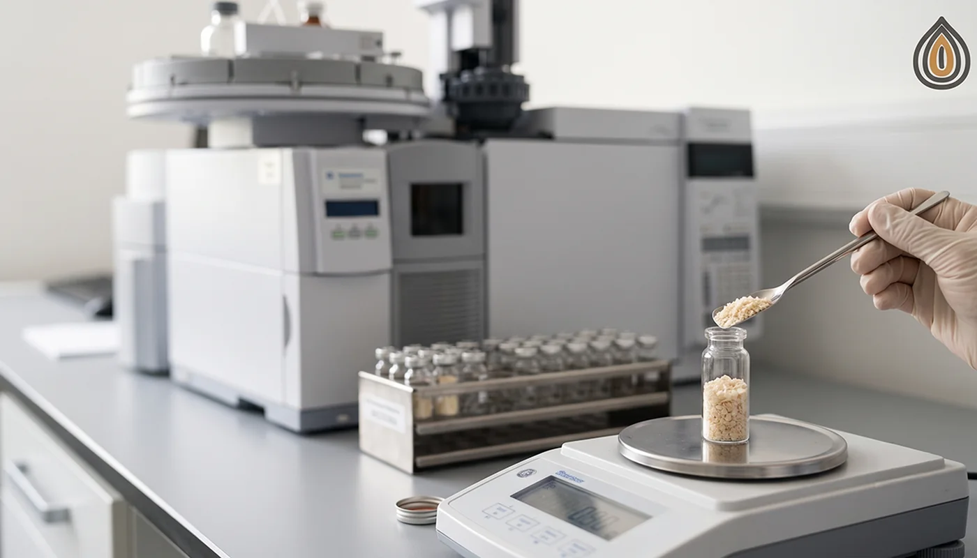 Laboratory bench with a dehydrated onion sample being weighed into a vial beside chromatography equipment