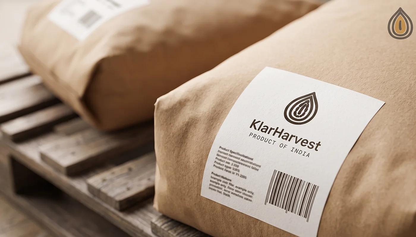 Close-up of a plain kraft export bag of dehydrated onion with a printed label panel and lot barcode