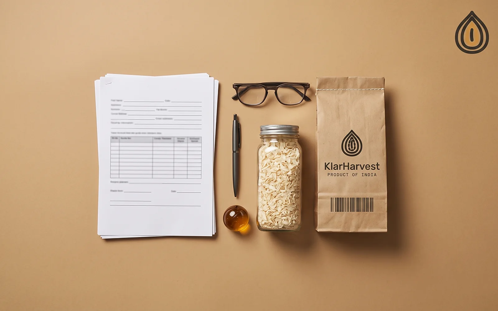Import compliance file for dehydrated onion: printed documents, a sample jar of flakes and a bag tag on a wooden desk