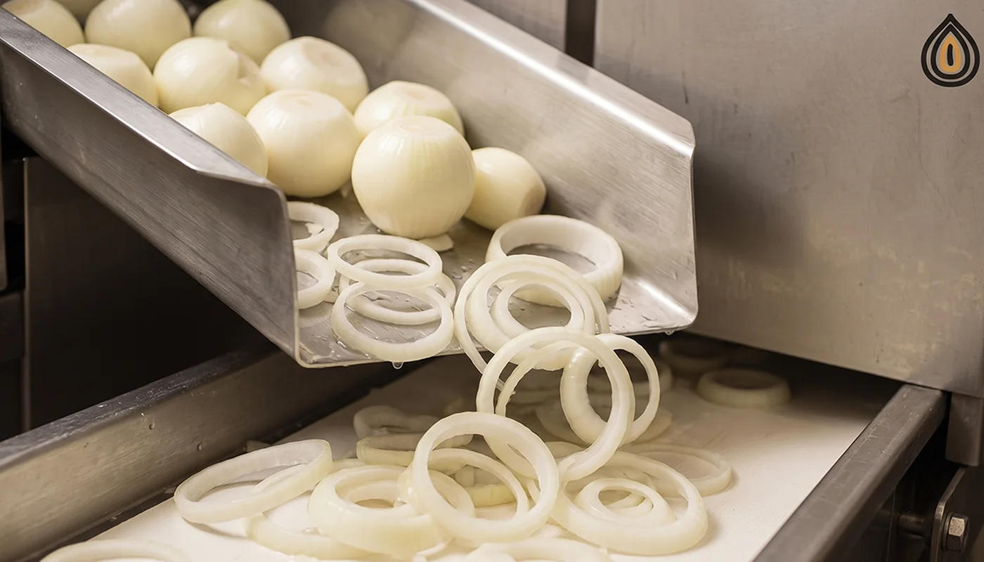 Peeled white onions entering an industrial slicer, rings of 3 to 5 millimetres falling onto a belt