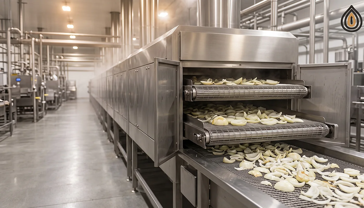 Long multi-belt hot-air dryer tunnel inside a dehydration plant, onion slices visible on the belts