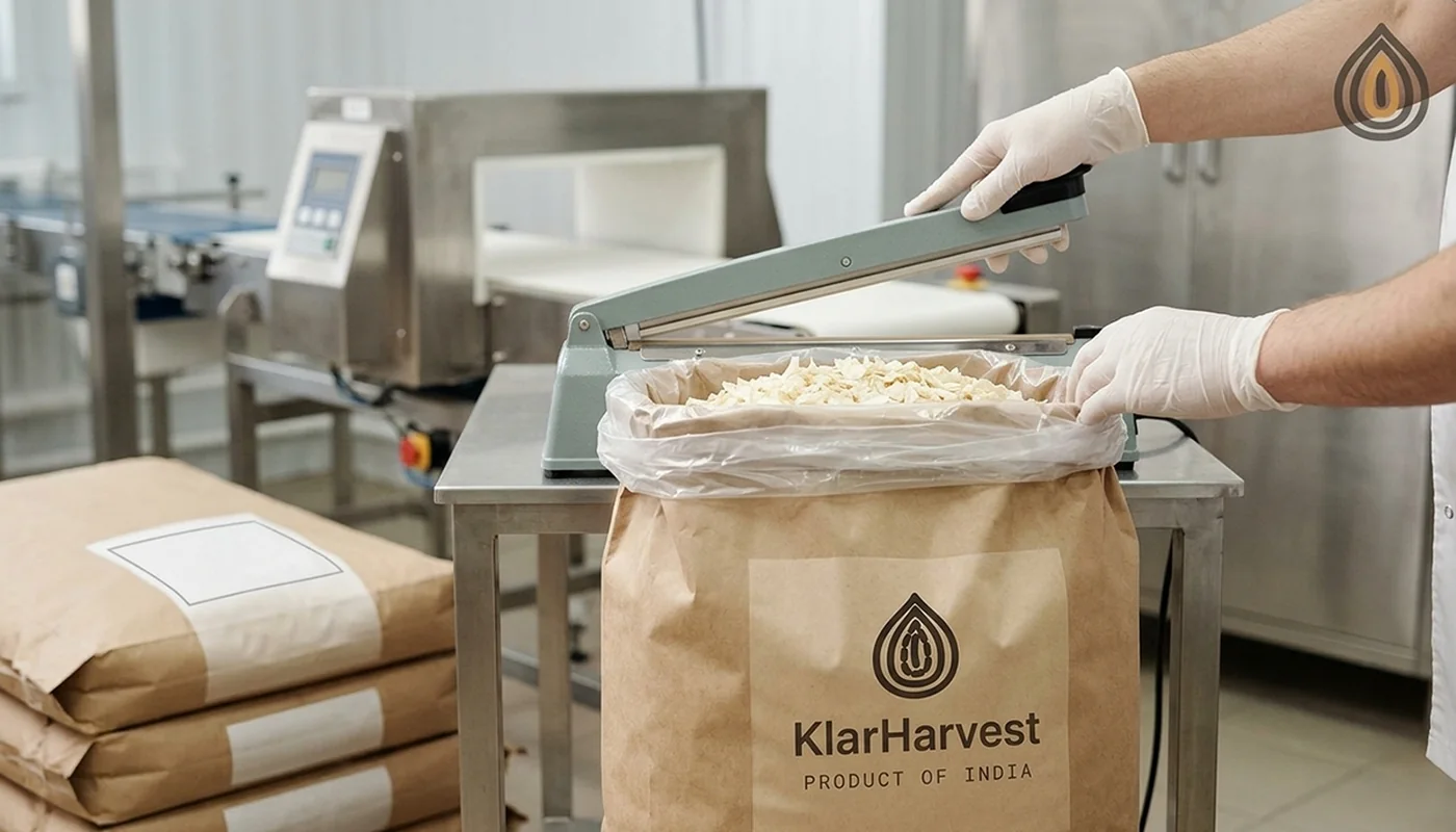 Worker heat-sealing a liner of onion flakes inside a kraft bag at a packing station with a metal detector behind