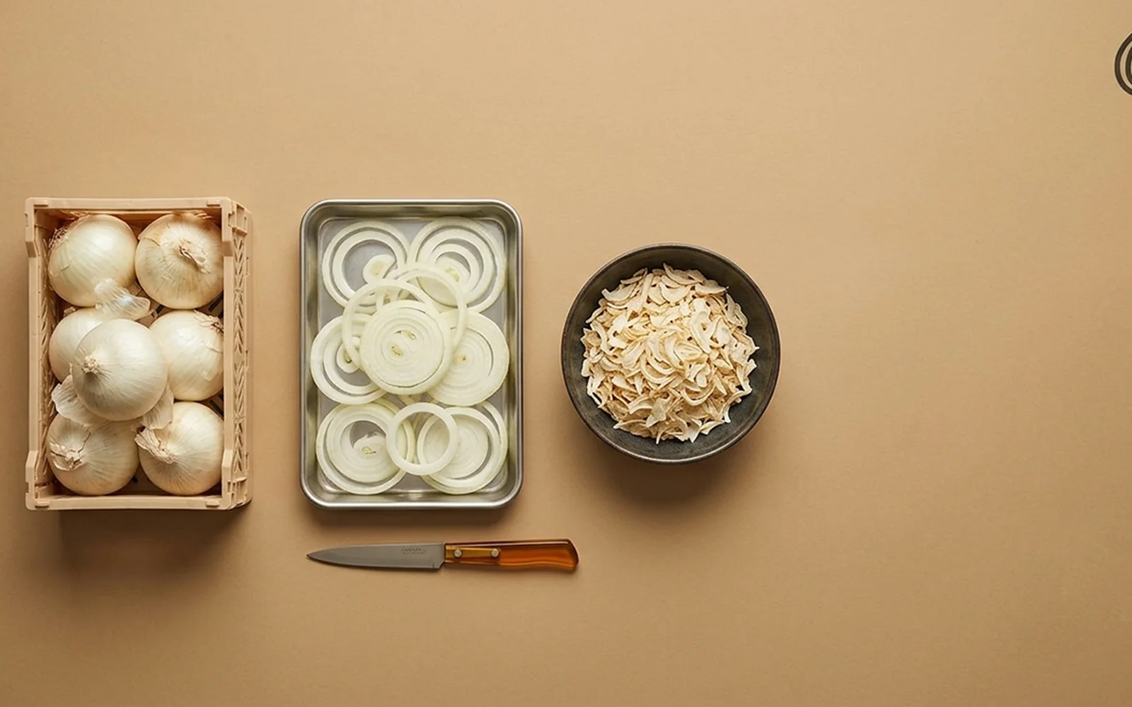 Fresh white onions, a tray of sliced onion rings and a bowl of dried flakes in a row on a plain backdrop
