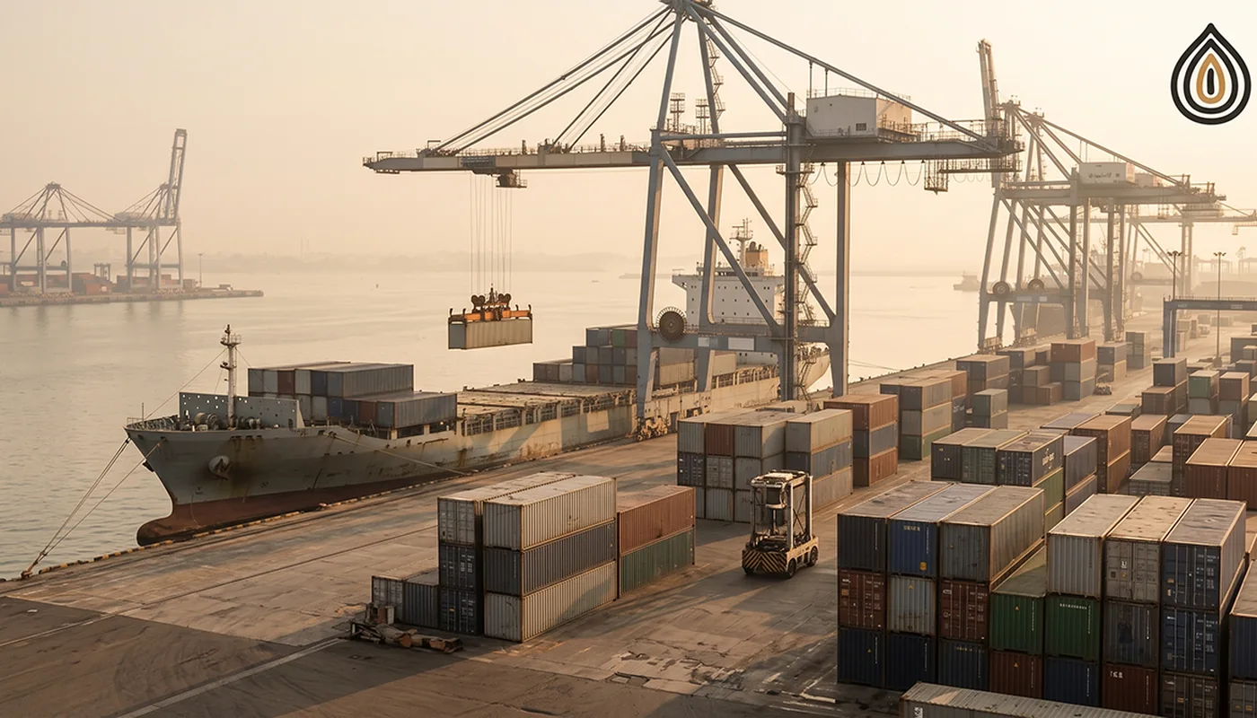 Gantry cranes loading containers onto a vessel at an Indian container terminal in morning light