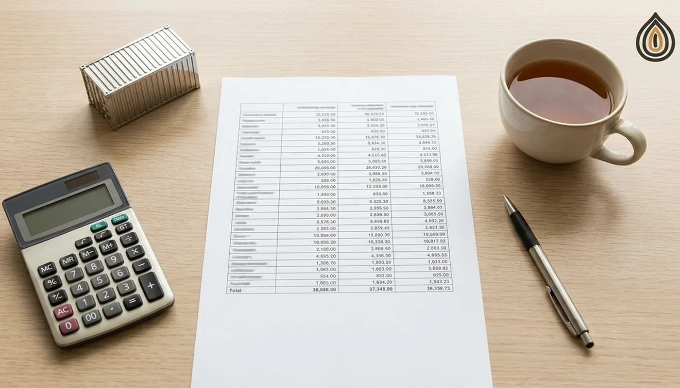 Printed quotation with three price columns beside a calculator and a container-shaped paperweight on a desk