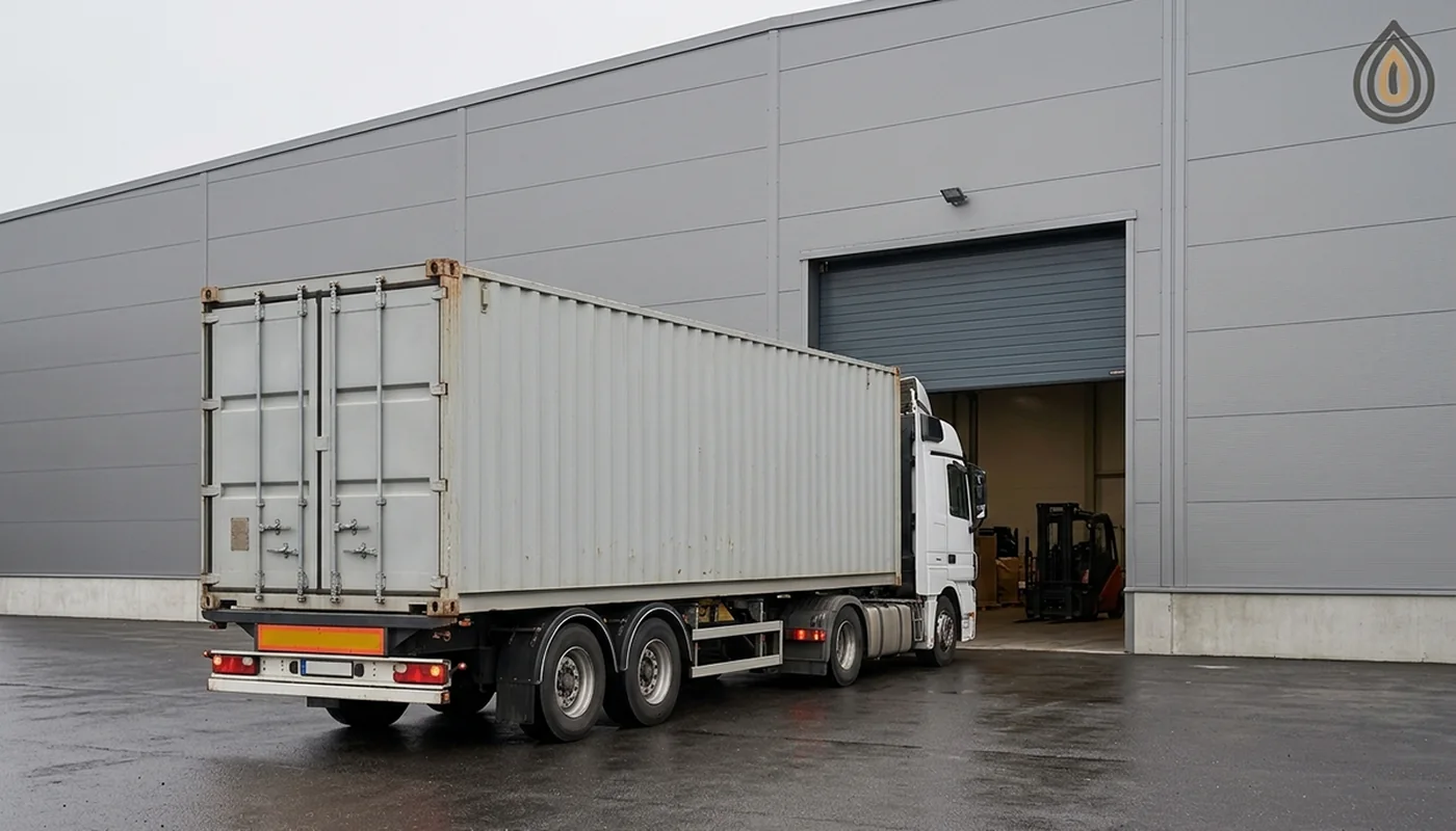 Truck with a 20-foot container reversing to the loading dock of a European warehouse