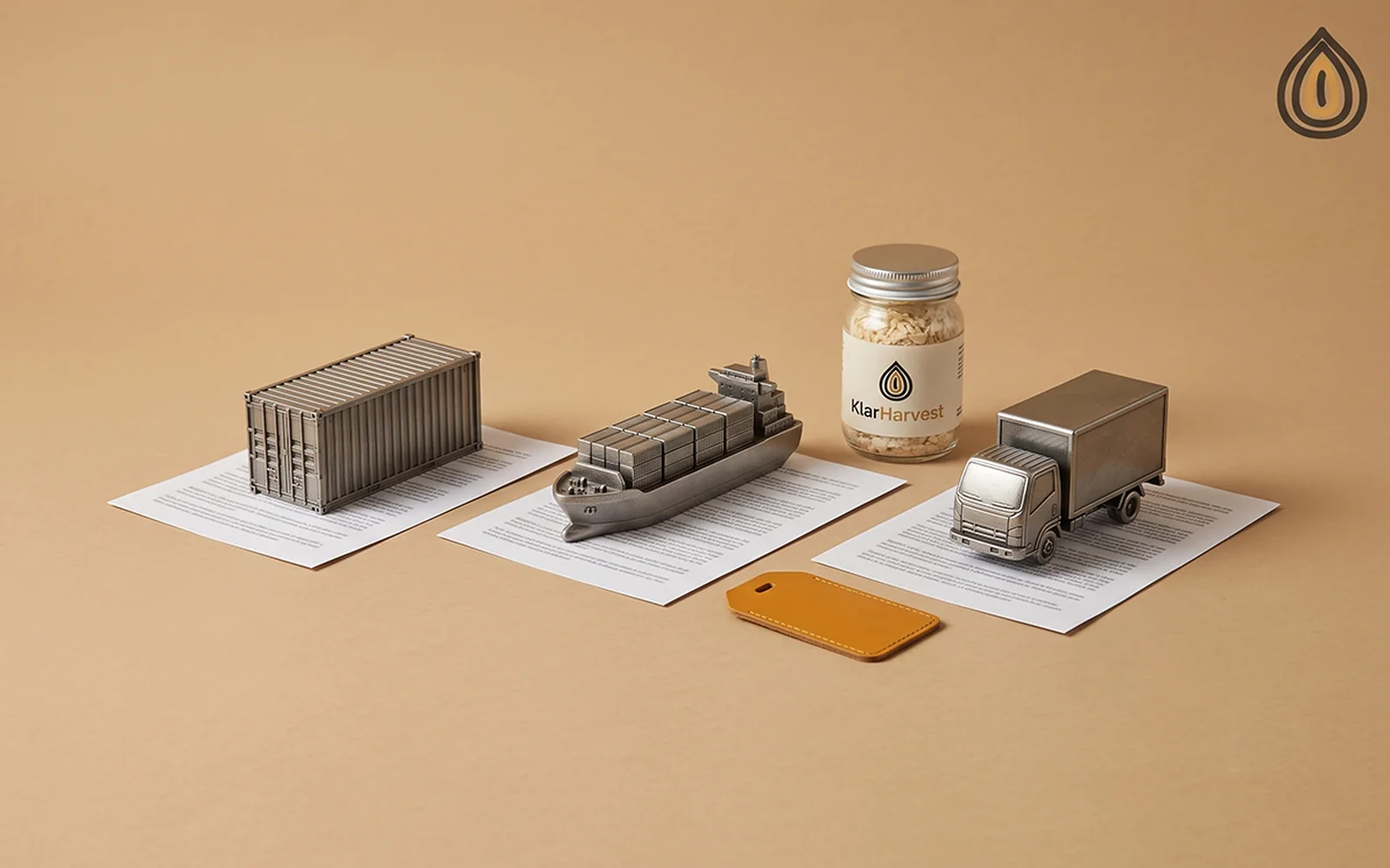 Model container, ship and truck on three documents beside a jar of dehydrated onion flakes on a plain backdrop
