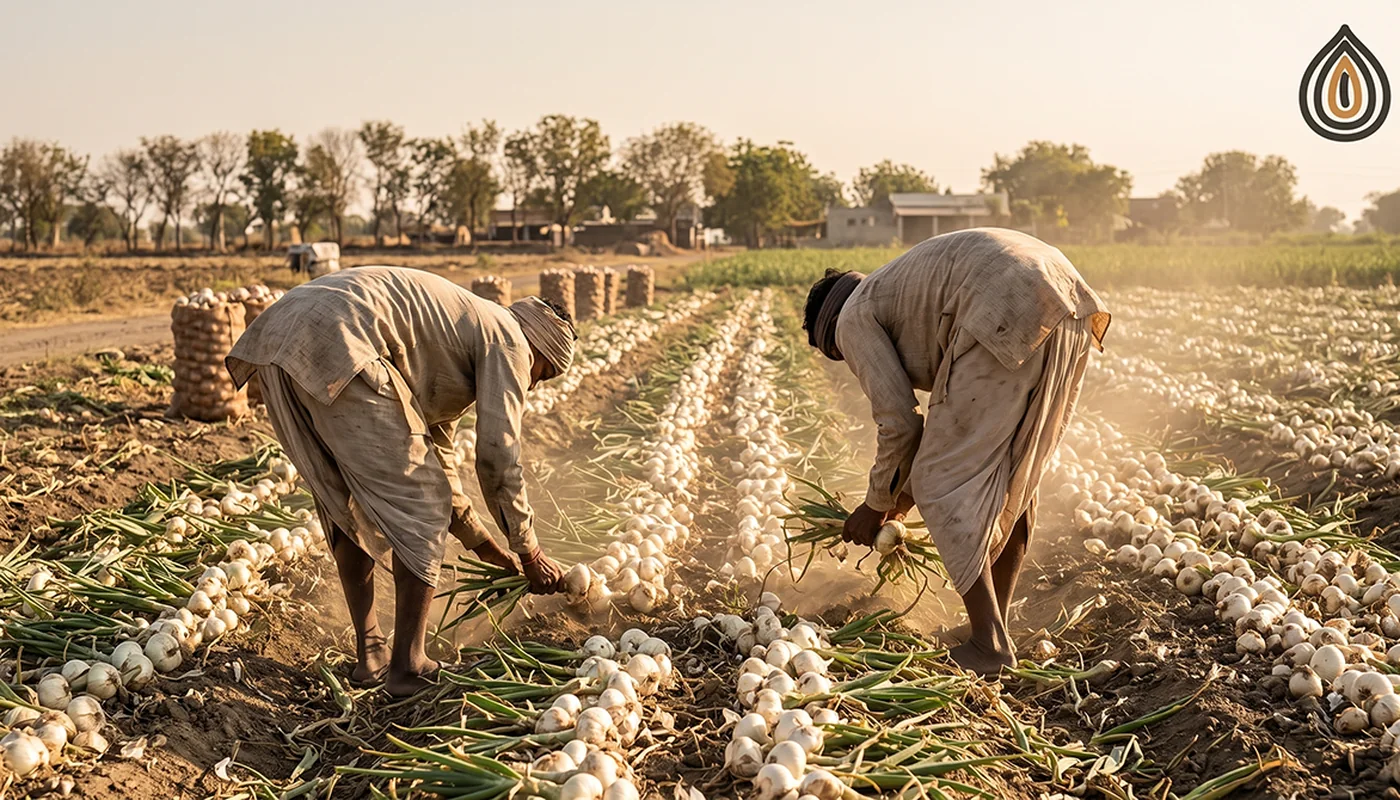 Farm workers lifting white onions by hand in a Saurashtra field at the March peak of the rabi harvest