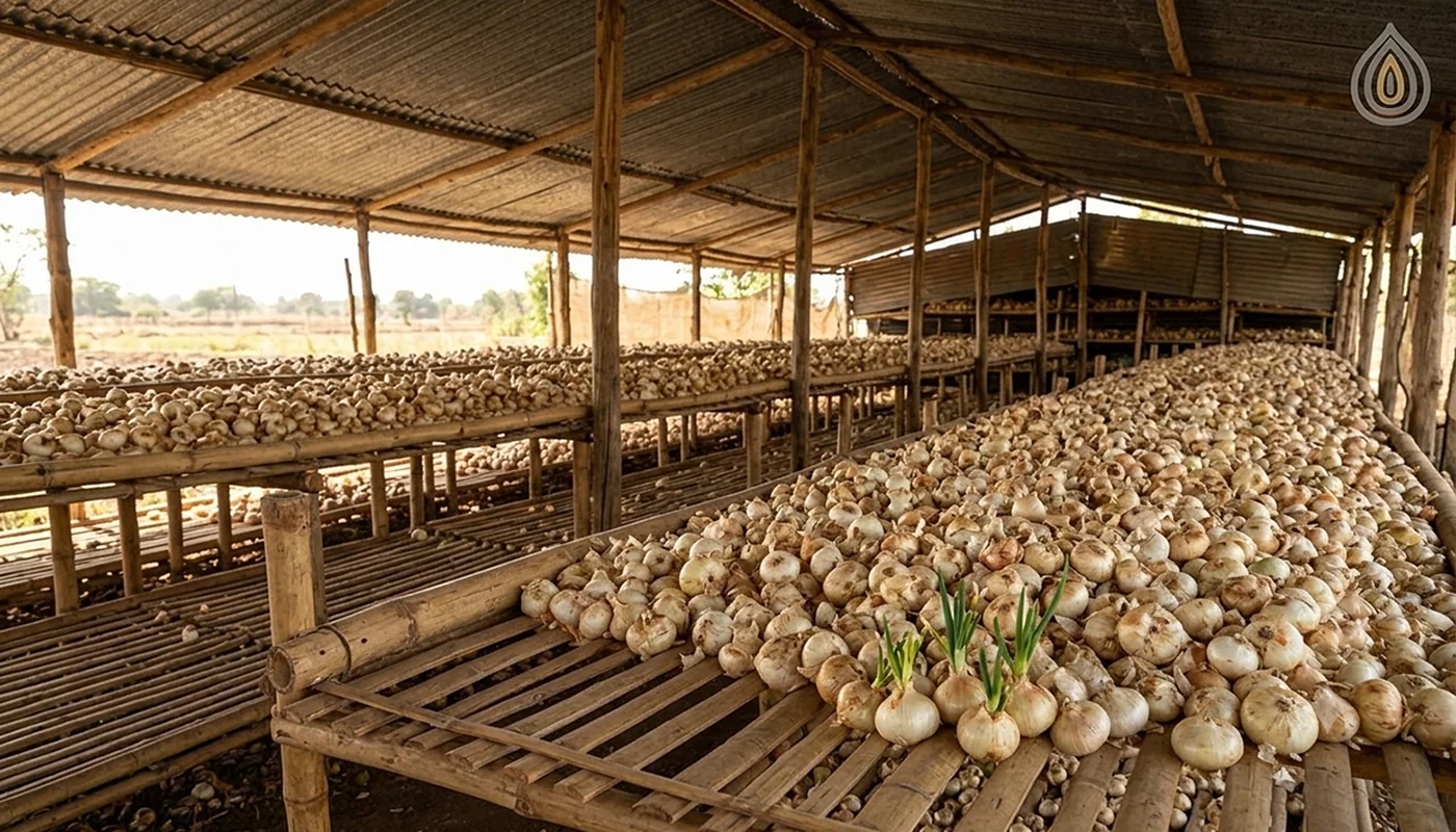 Ventilated onion storage shed with bulbs stacked on slatted bamboo racks in the shade