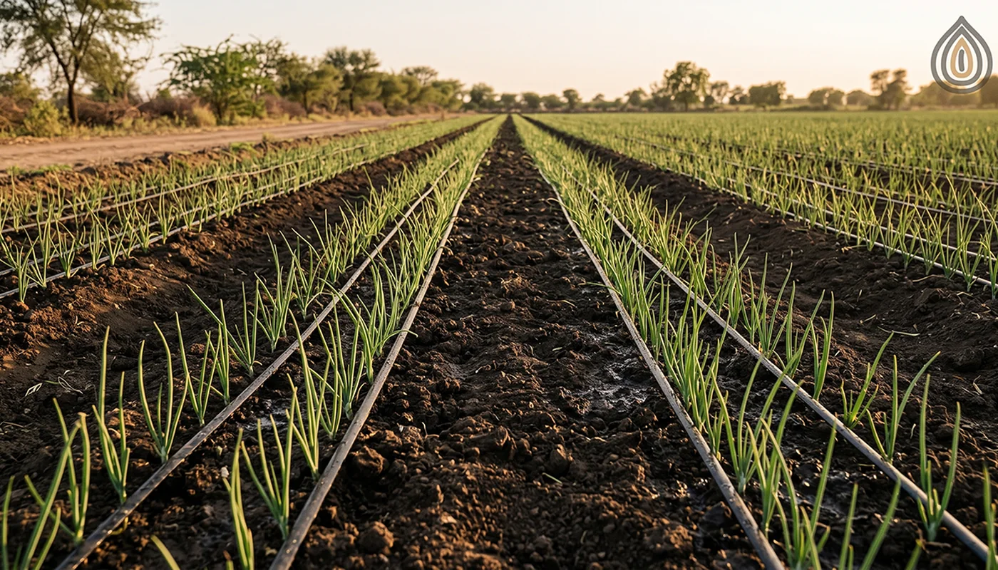 Young onion seedlings transplanted in neat rows in a Gujarat field in November, drip lines visible
