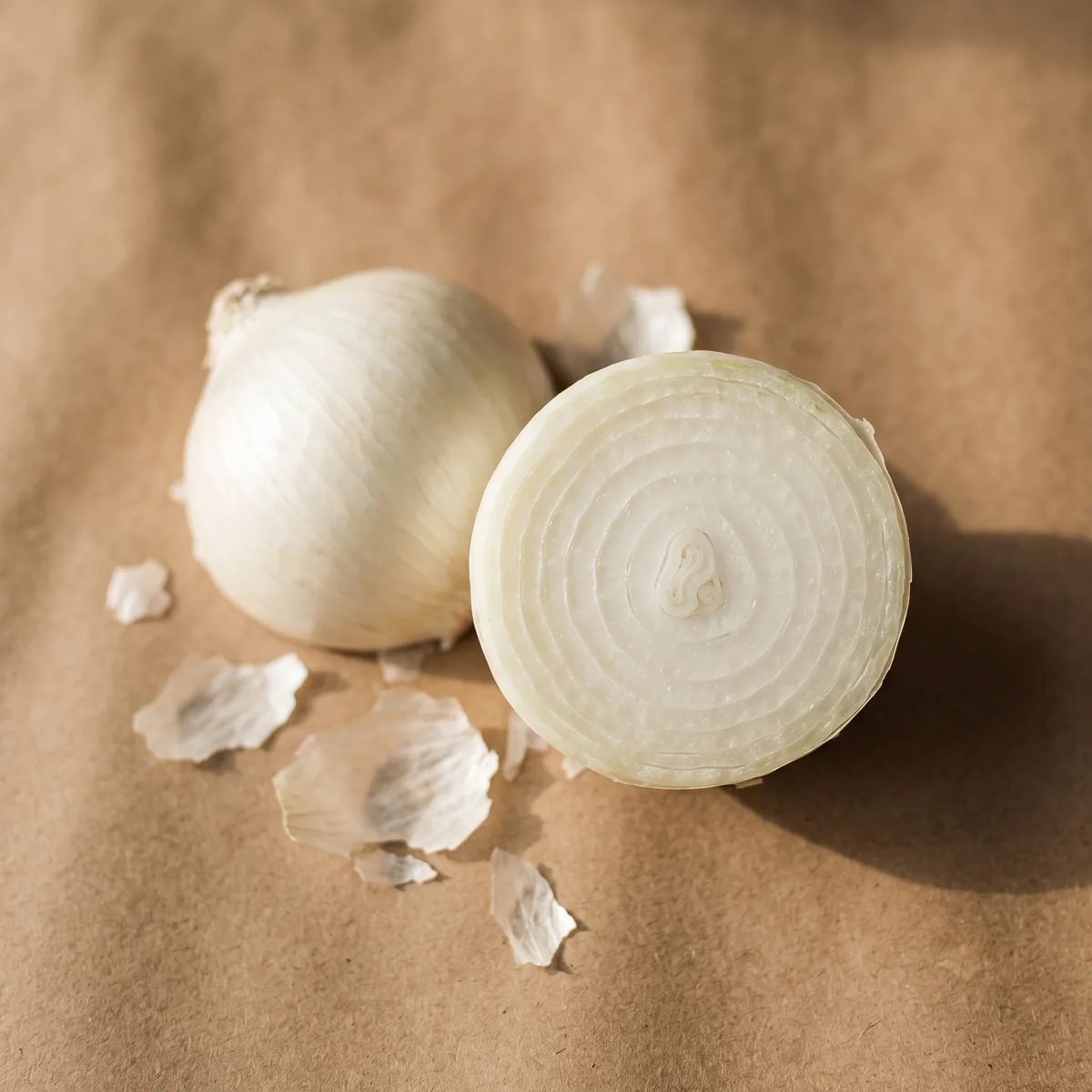 A fresh white onion cut in half standing on kraft paper, every concentric ring visible, a whole white onion soft in the background.