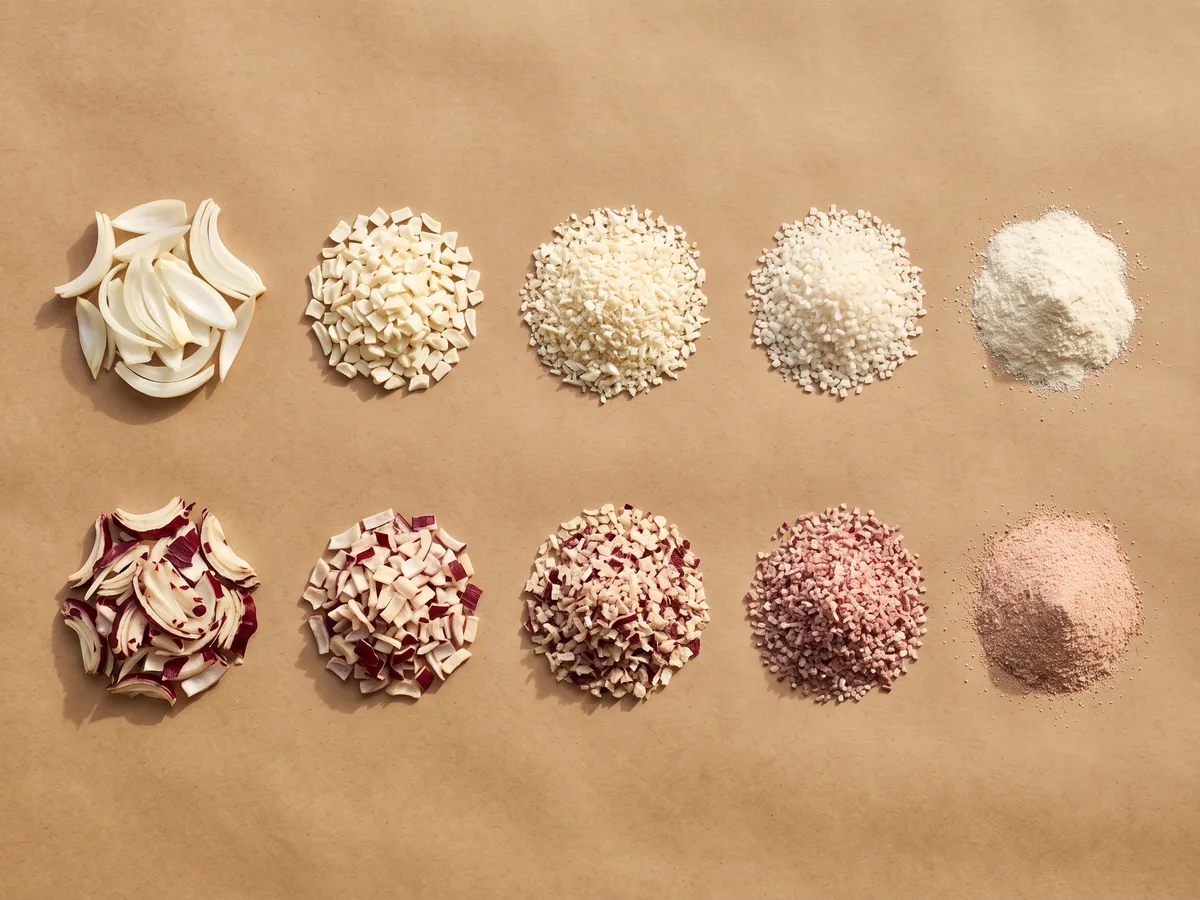 Ten piles of dehydrated onion on kraft paper in five pairs, white over red, stepping down in particle size from flakes to powder.