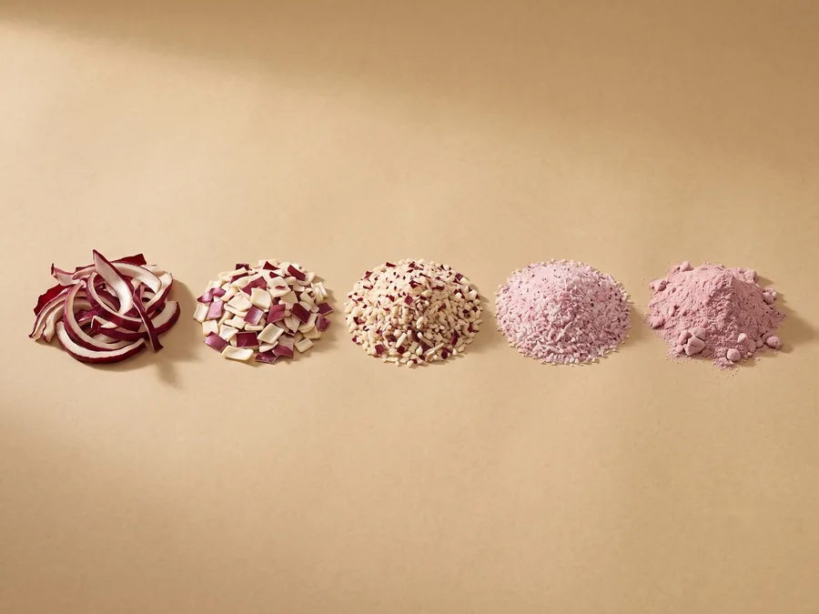 Five piles of dehydrated red onion in a row, stepping down in particle size from flakes to powder.