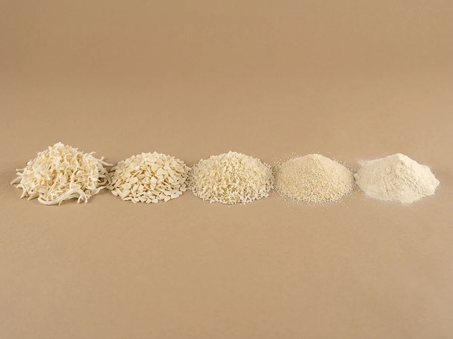 Five piles of dehydrated white onion in a row, stepping down in particle size from flakes to powder.